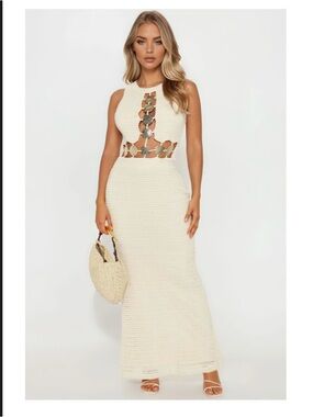 Fashion Nova Cream Crochet Maxi Dress with Metallic Accents